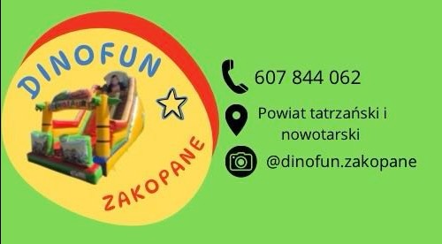 Grafika reklamowa z kolorowym, dmuchanym zamkiem, logo firmy DinoFun Zakopane, numerem telefonu i adresem w powiatach tatrzańskim i nowotarskim.