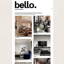 Brandfeld - Strona internetowa studia projektowego 'bello.' z portfolio wnętrz restauracji, barbershopu, sypialni i domu. Minimalistyczny design, czarno-biała kolorystyka.