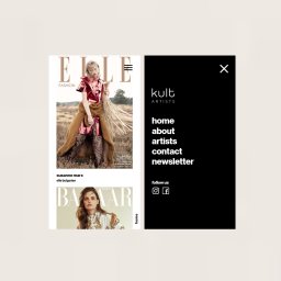 Brandfeld - Strona internetowa agencji artystycznej Kult Artists z okładkami magazynów Elle i Harper's Bazaar prezentujących prace artystów. Czarno-białe menu po prawej.