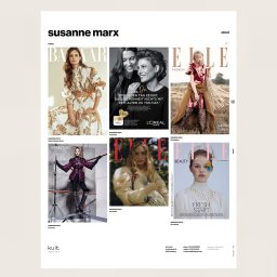 Brandfeld - Portfolio modelki Susanne Marx: okładki magazynów Harper's Bazaar, Elle i reklama L'Oréal. Różnorodne stylizacje i ujęcia prezentują wszechstronność modelki.