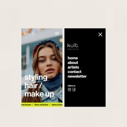 Brandfeld - Mobilny widok strony internetowej agencji artystycznej z portretem modelki. Menu z opcjami: home, about, artists, contact, newsletter. Styling hair/make up.