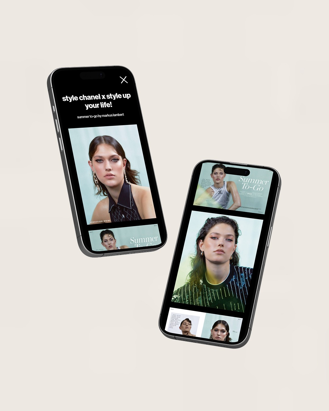 Dwa smartfony unoszące się w powietrzu prezentują zdjęcia modelki z kolekcji 'Summer to-go', z różnymi ujęciami i stylizacjami, na jednolitym tle.