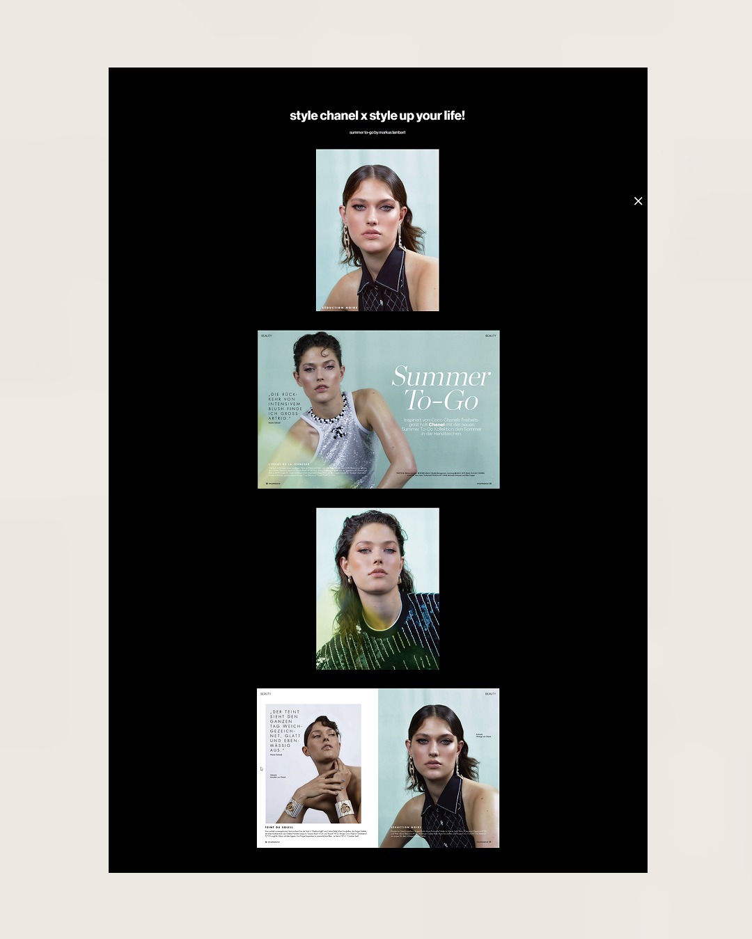 Układ strony z kolażem zdjęć modelki w różnych stylizacjach i ujęciach, w tym zbliżenia twarzy i całe sylwetki, na czarnym tle z napisem 'style chanel x style up your life!'.