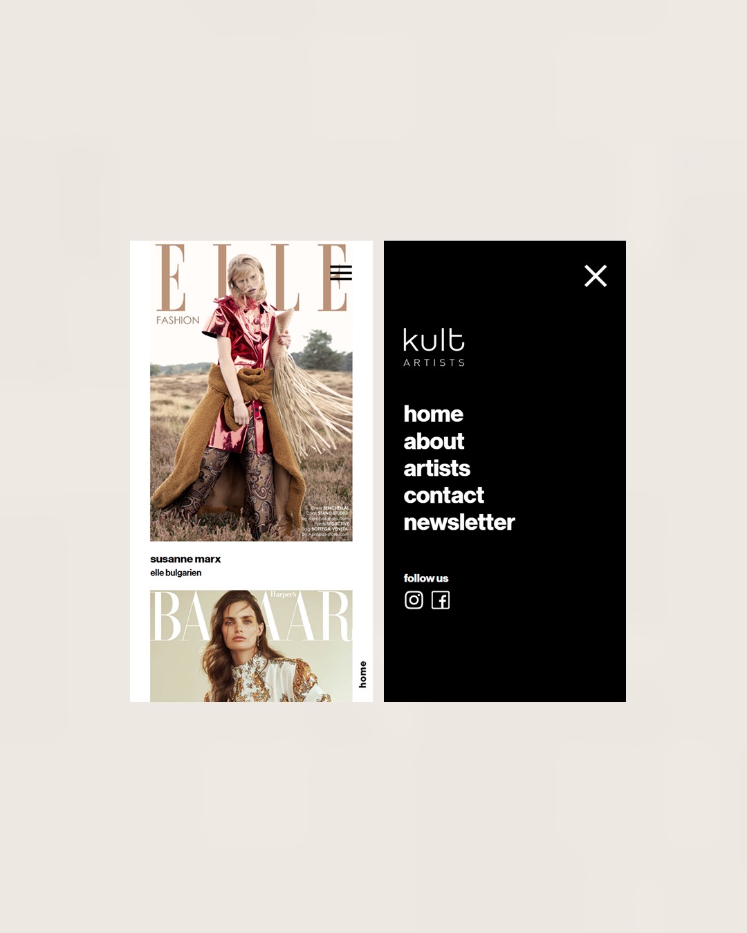 Strona internetowa agencji artystycznej Kult Artists z okładkami magazynów Elle i Harper's Bazaar prezentujących prace artystów. Czarno-białe menu po prawej.