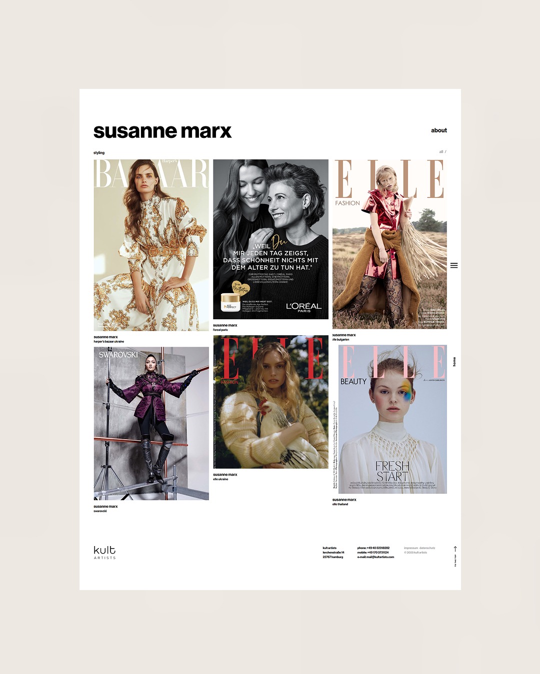 Portfolio modelki Susanne Marx: okładki magazynów Harper's Bazaar, Elle i reklama L'Oréal. Różnorodne stylizacje i ujęcia prezentują wszechstronność modelki.