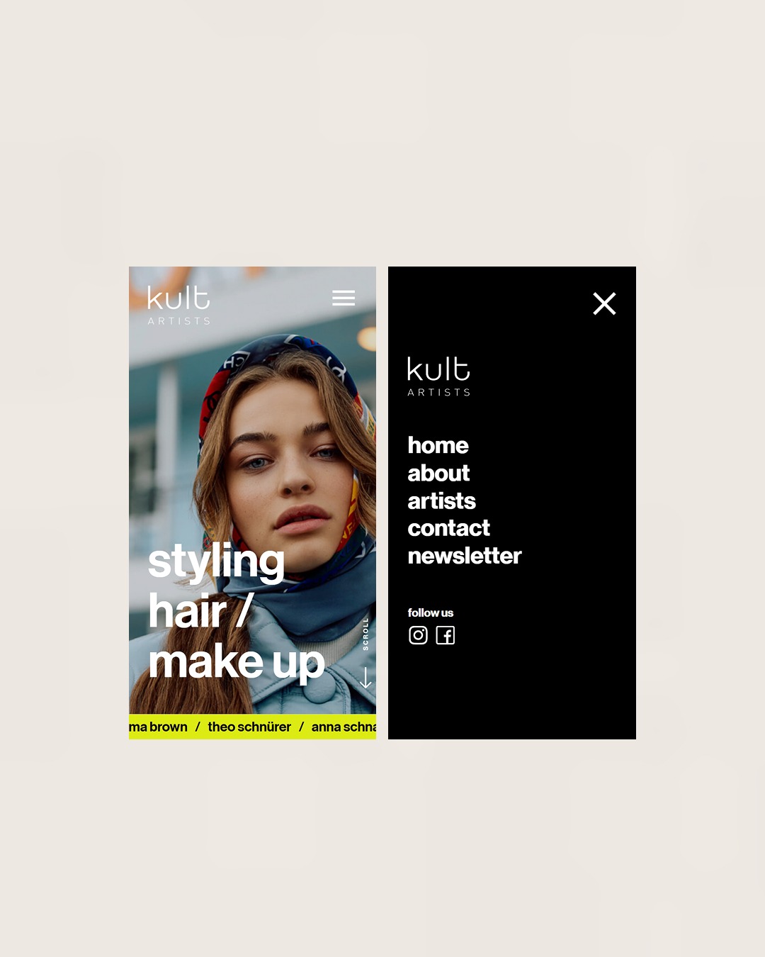 Mobilny widok strony internetowej agencji artystycznej z portretem modelki. Menu z opcjami: home, about, artists, contact, newsletter. Styling hair/make up.