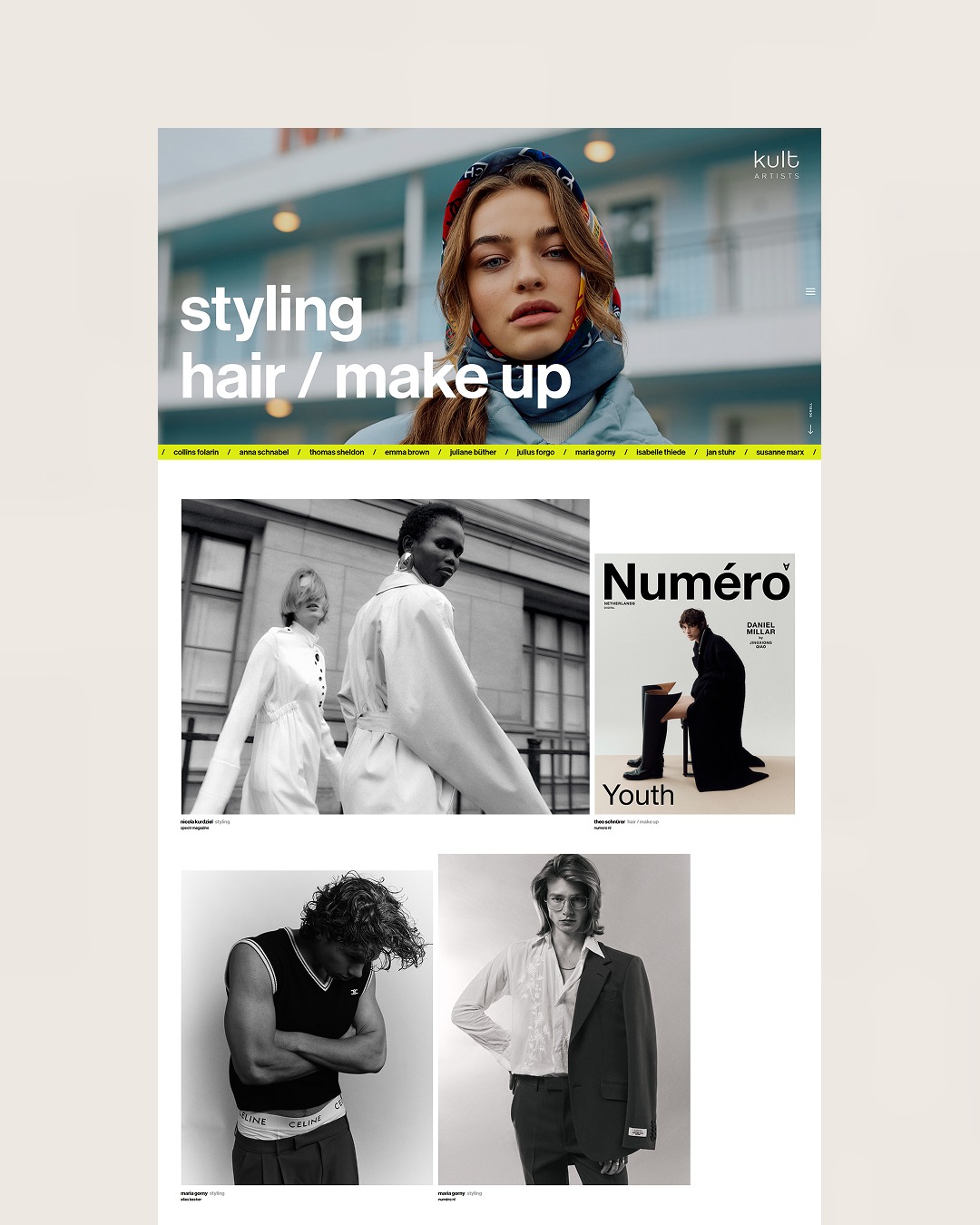 Strona internetowa z portfolio stylisty fryzur i makijażu, prezentująca zdjęcia modelek i okładki magazynów mody. Minimalistyczny design strony.
