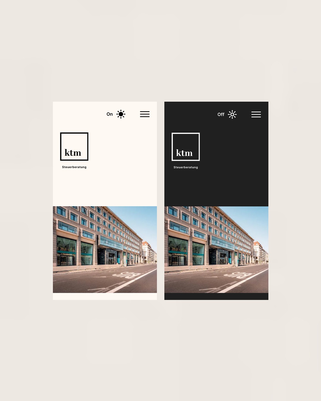 Prezentacja mobilna: aplikacja z logotypem KTM Steuerberatung i zdjęciem budynku w trybie jasnym i ciemnym. Widok ulicy, minimalizm, prostota.