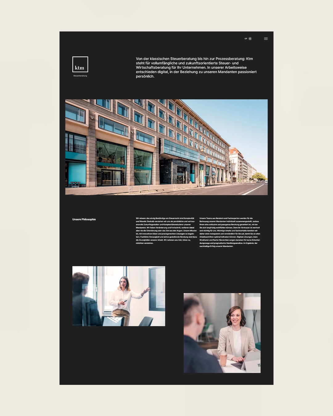 Strona internetowa firmy doradczej z budynkiem w tle, filozofią i zdjęciami zespołu, utrzymana w czarno-białej tonacji z akcentami kolorystycznymi.