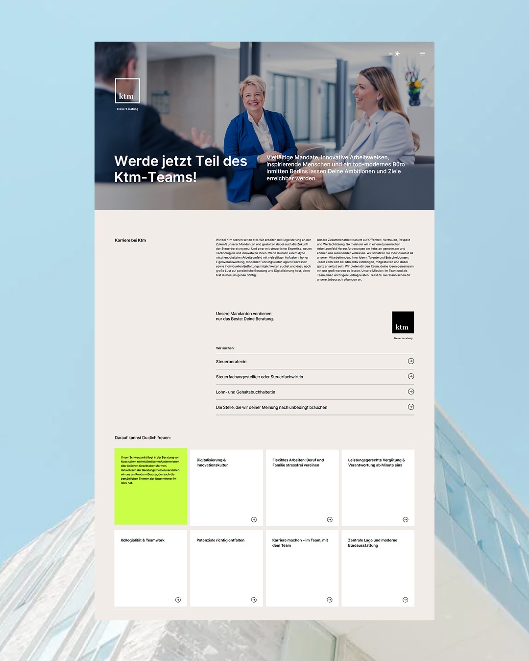 Nowoczesna strona internetowa firmy doradczej Ktm z ofertą pracy i informacjami o digitalizacji, elastycznej pracy, zespole i lokalizacji biura w Berlinie.