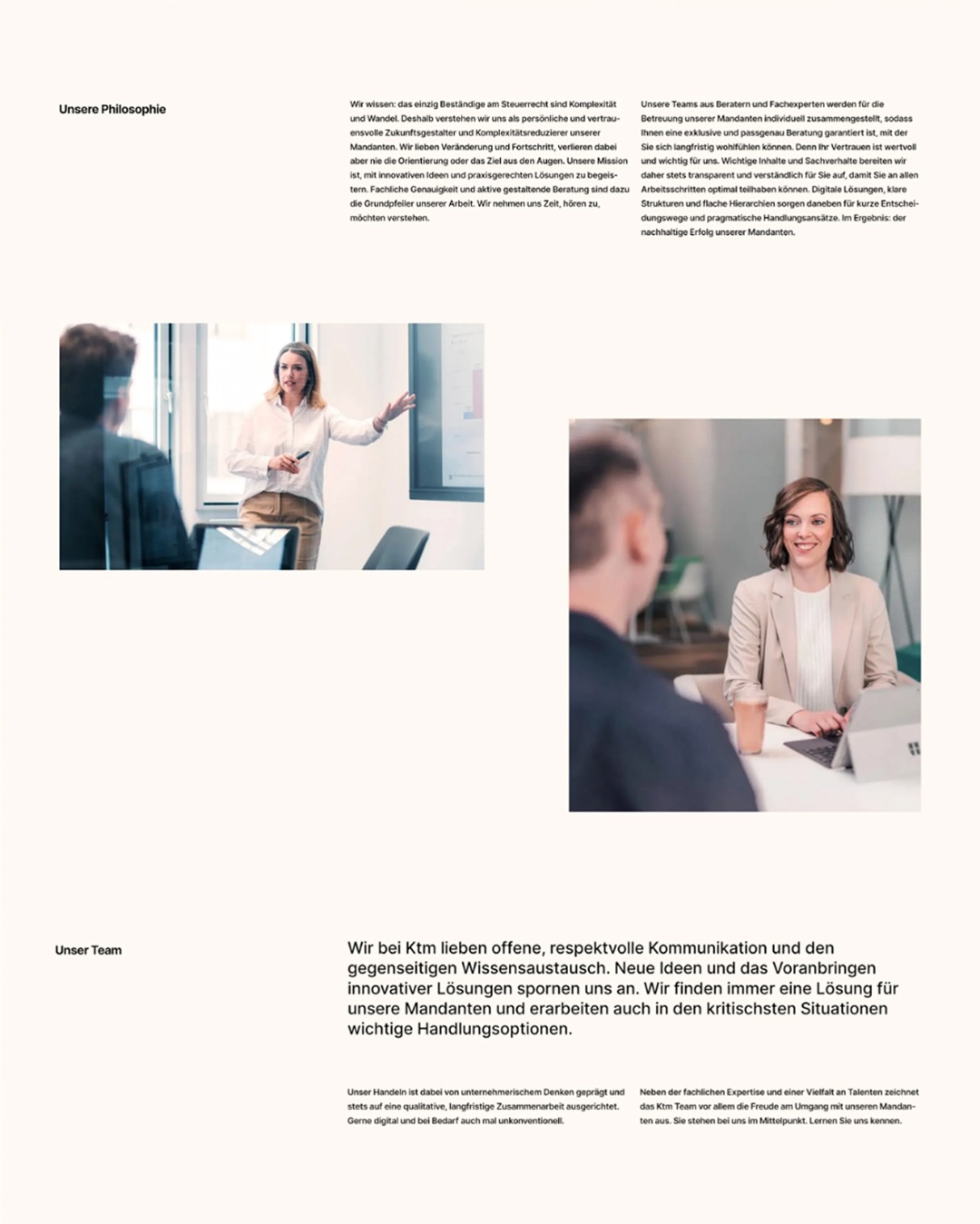 Zespół w biurze: kobieta prezentuje dane na ekranie, druga pracuje na laptopie. Uśmiechnięta kobieta siedzi przy biurku z napojem i laptopem. Jasne wnętrze.