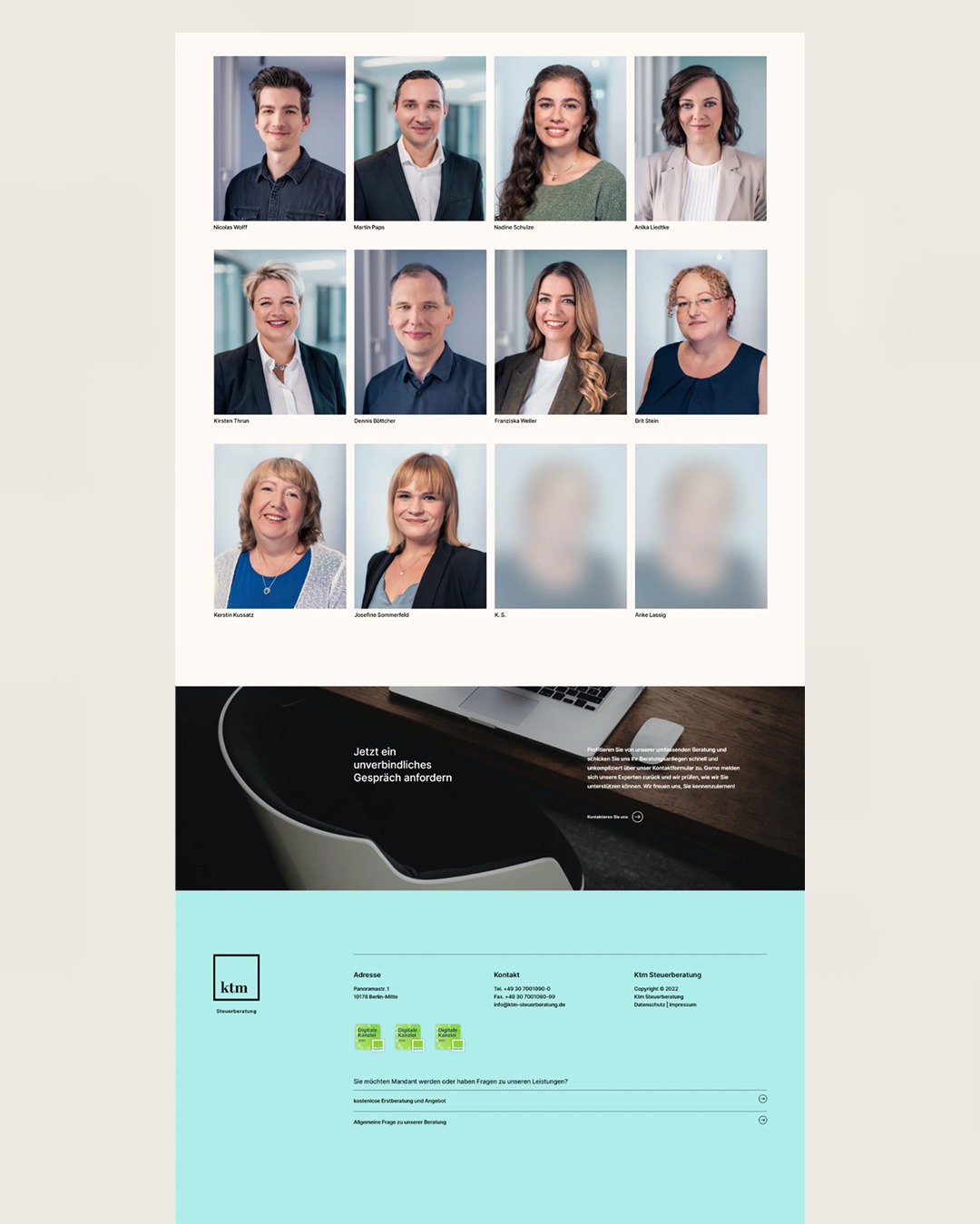 Strona internetowa z sekcją prezentującą zespół pracowników firmy KTM Steuerberatung, z nagłówkiem 'Jetzt ein unverbindliches Gespräch anfordern'.