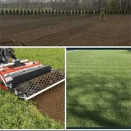 Montaż trawy z rolki: przygotowany teren, rozkładanie rolki przez maszynę, efekt końcowy - idealny trawnik w pasy.