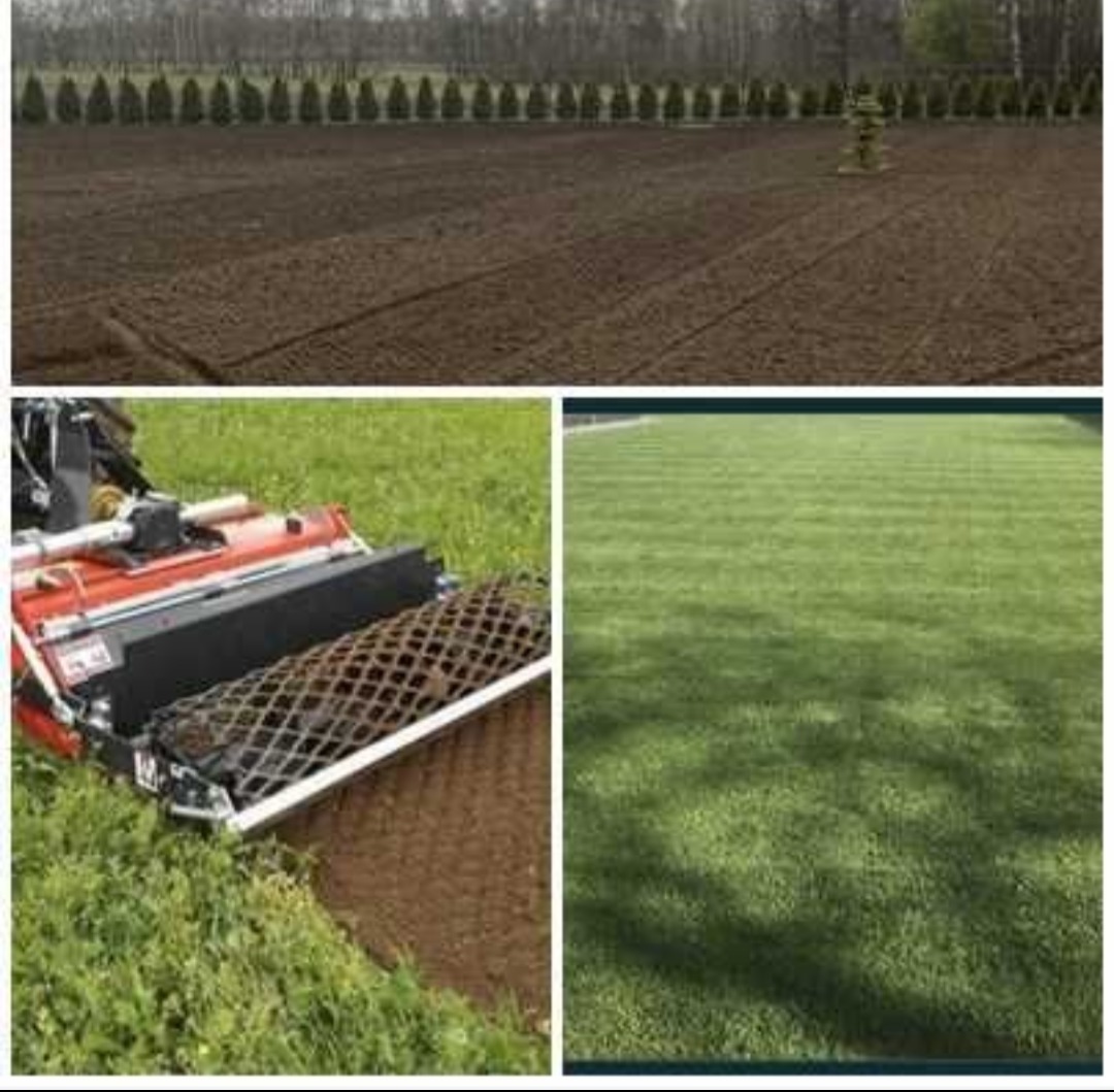 Montaż trawy z rolki: przygotowany teren, rozkładanie rolki przez maszynę, efekt końcowy - idealny trawnik w pasy.