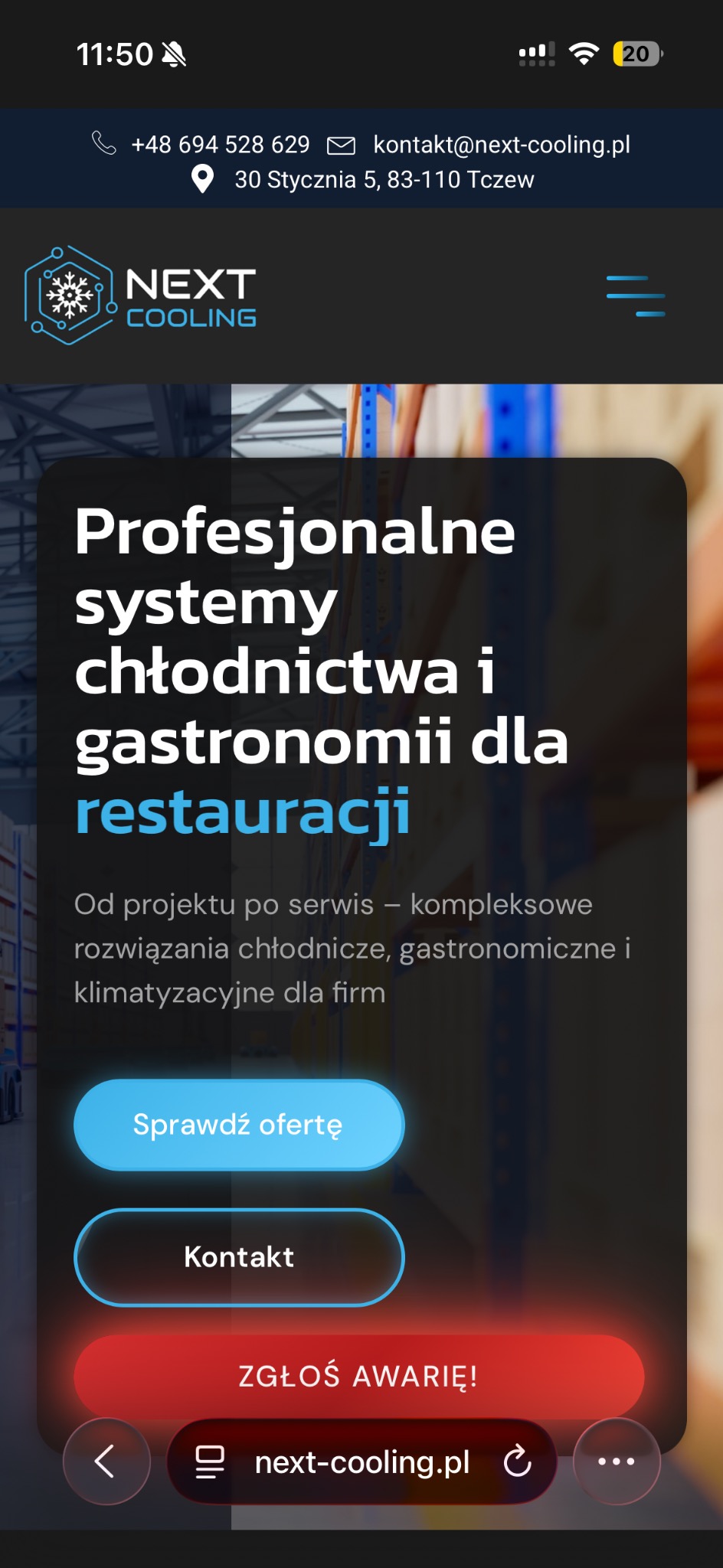 Reklama firmy Next Cooling oferującej profesjonalne systemy chłodnictwa i gastronomii dla restauracji. Na pierwszym planie przyciski: Sprawdź ofertę, Kontakt, Zgłoś awarię.