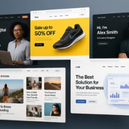 Kompozycja prezentująca ekrany urządzeń z różnymi projektami stron internetowych i aplikacji, w tym e-commerce z obuwiem i blogiem podróżniczym.