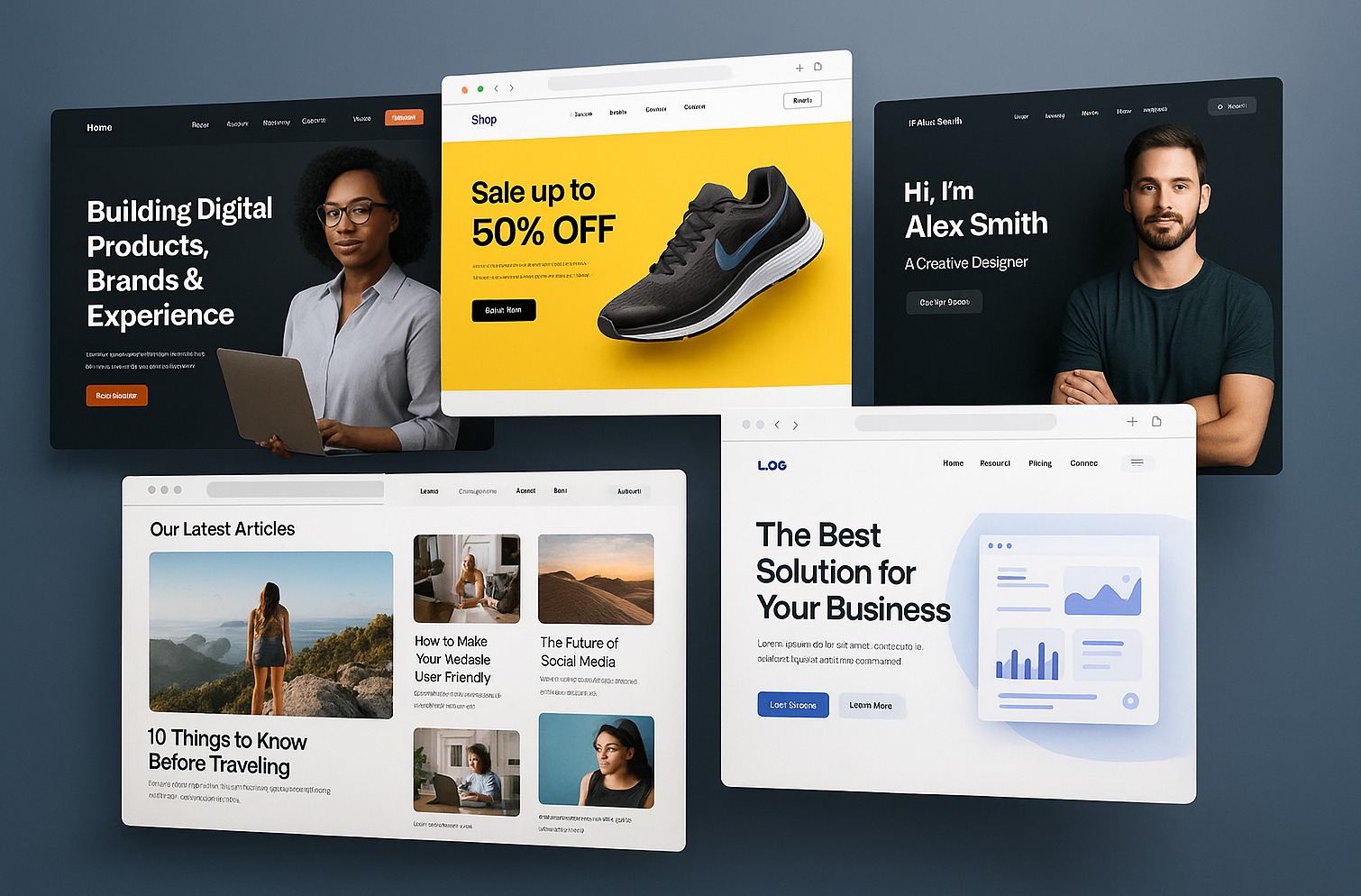 Kompozycja prezentująca ekrany urządzeń z różnymi projektami stron internetowych i aplikacji, w tym e-commerce z obuwiem i blogiem podróżniczym.
