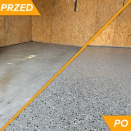 Zdjęcie prezentuje metamorfozę garażu: surowa, betonowa posadzka (PRZED) kontra gładka, żywiczna powierzchnia z kolorowymi płatkami (PO).