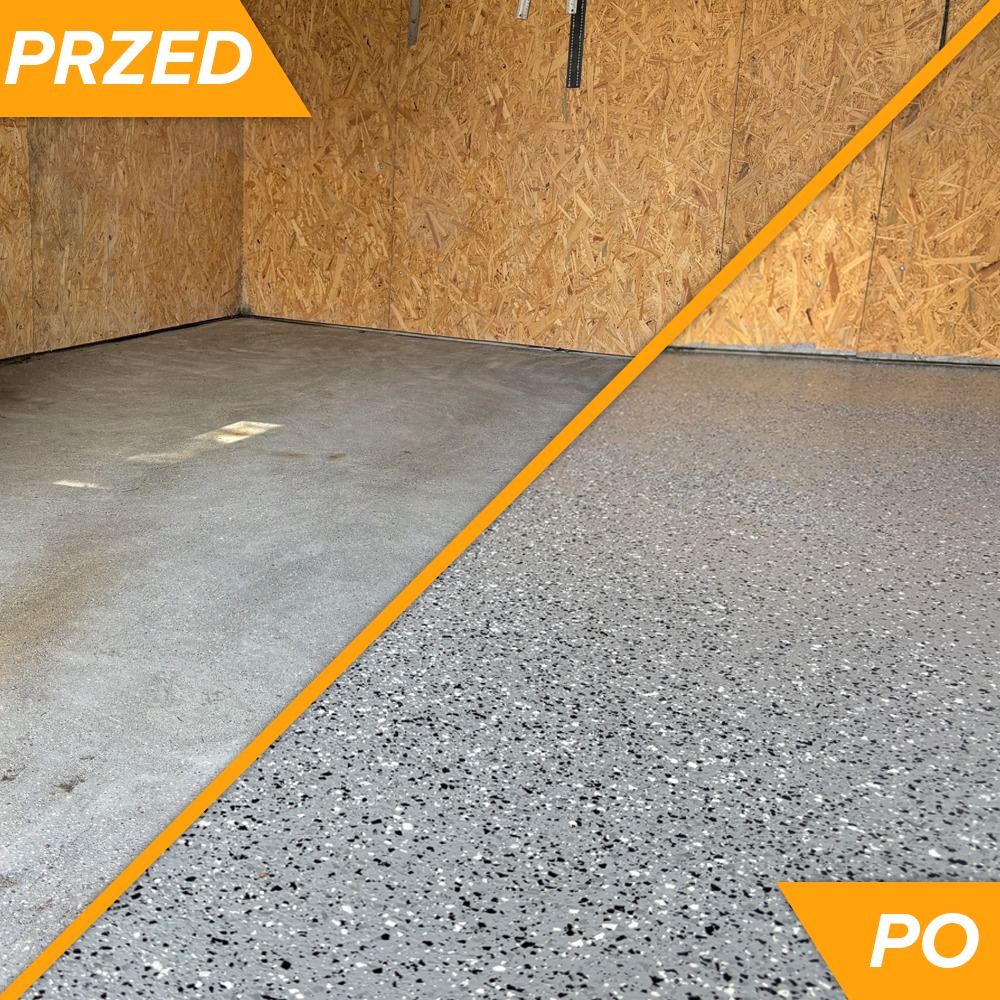 Zdjęcie prezentuje metamorfozę garażu: surowa, betonowa posadzka (PRZED) kontra gładka, żywiczna powierzchnia z kolorowymi płatkami (PO).