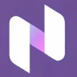 Abstrakcyjne logo w odcieniach fioletu i bieli, przypominające literę N w nowoczesnej stylistyce, na jednolitym fioletowym tle.