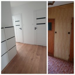 Konstruktor wnętrz - Korytarz po remoncie z dwiema białymi drzwiami z czarnymi akcentami oraz szafką na buty. Po prawej korytarz przed remontem z boazerią i starą podłogą.