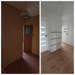 Konstruktor wnętrz - Korytarz przed i po remoncie: od brązowych ścian i czerwonej podłogi do białych ścian, jasnej podłogi i białych szafek na buty. Widoczne nowe drzwi.