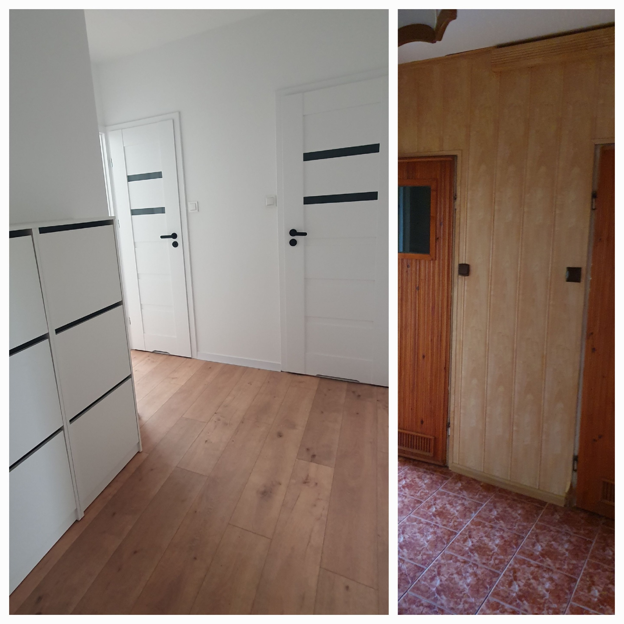 Korytarz po remoncie z dwiema białymi drzwiami z czarnymi akcentami oraz szafką na buty. Po prawej korytarz przed remontem z boazerią i starą podłogą.