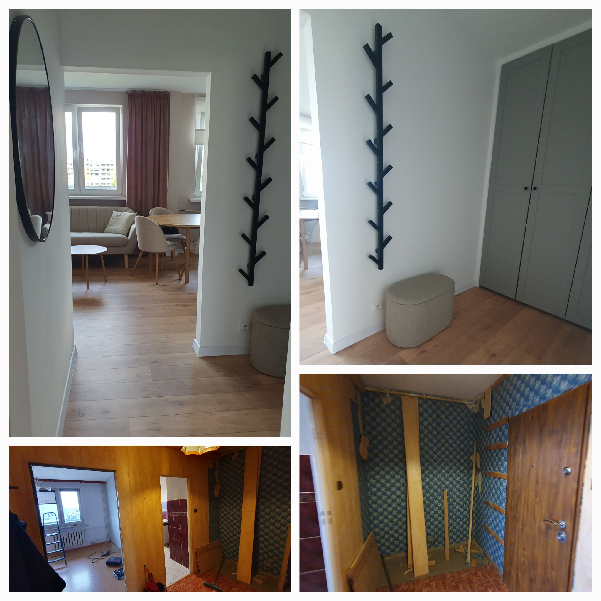 Kolaż: odnowione wnętrze z drewnianą podłogą, wieszak na ścianie i szafa w zabudowie, zestawione ze zdjęciami stanu przed remontem z boazerią i tapetą.