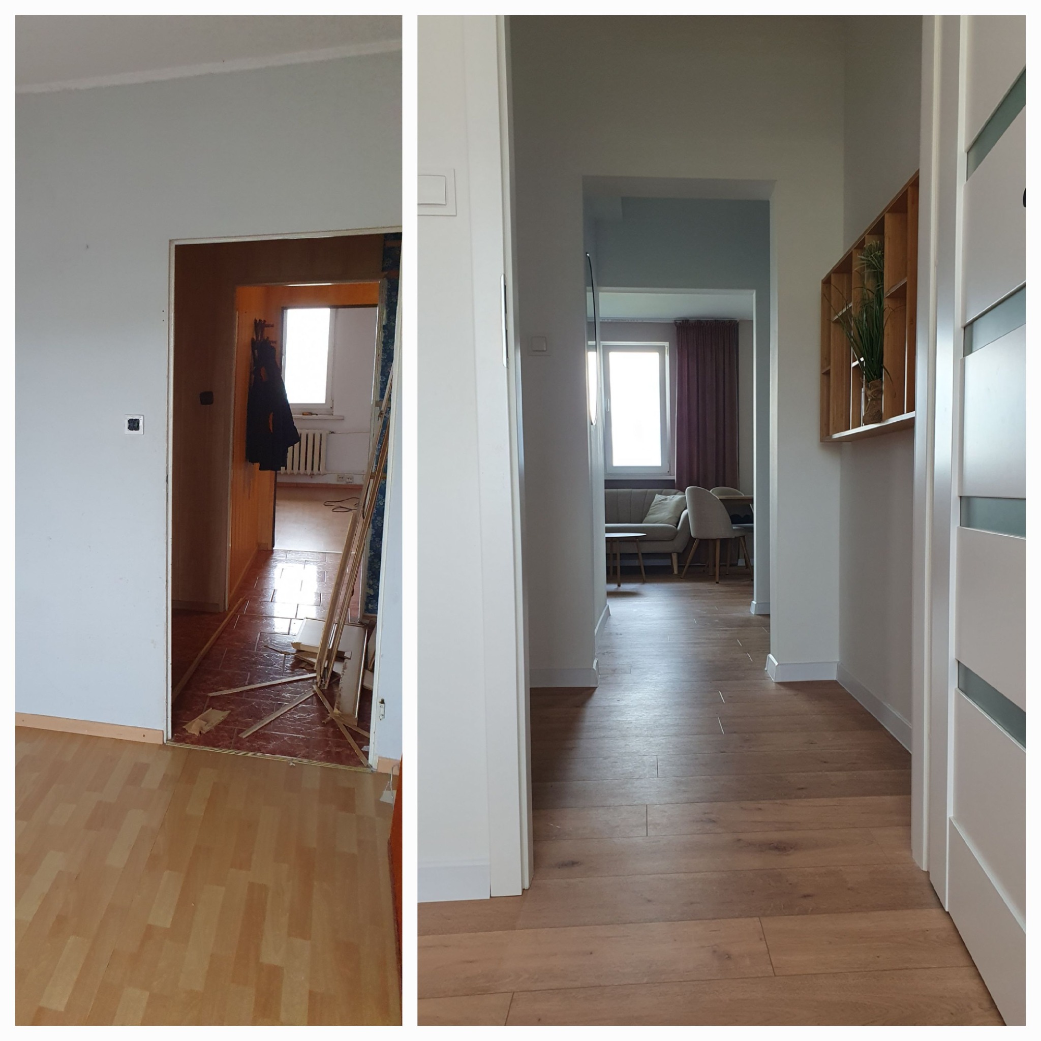 Kadr 'przed i po' remontu korytarza: po lewej stan pierwotny z boazerią i starą podłogą, po prawej odnowione wnętrze z nową podłogą i świeżym malowaniem.