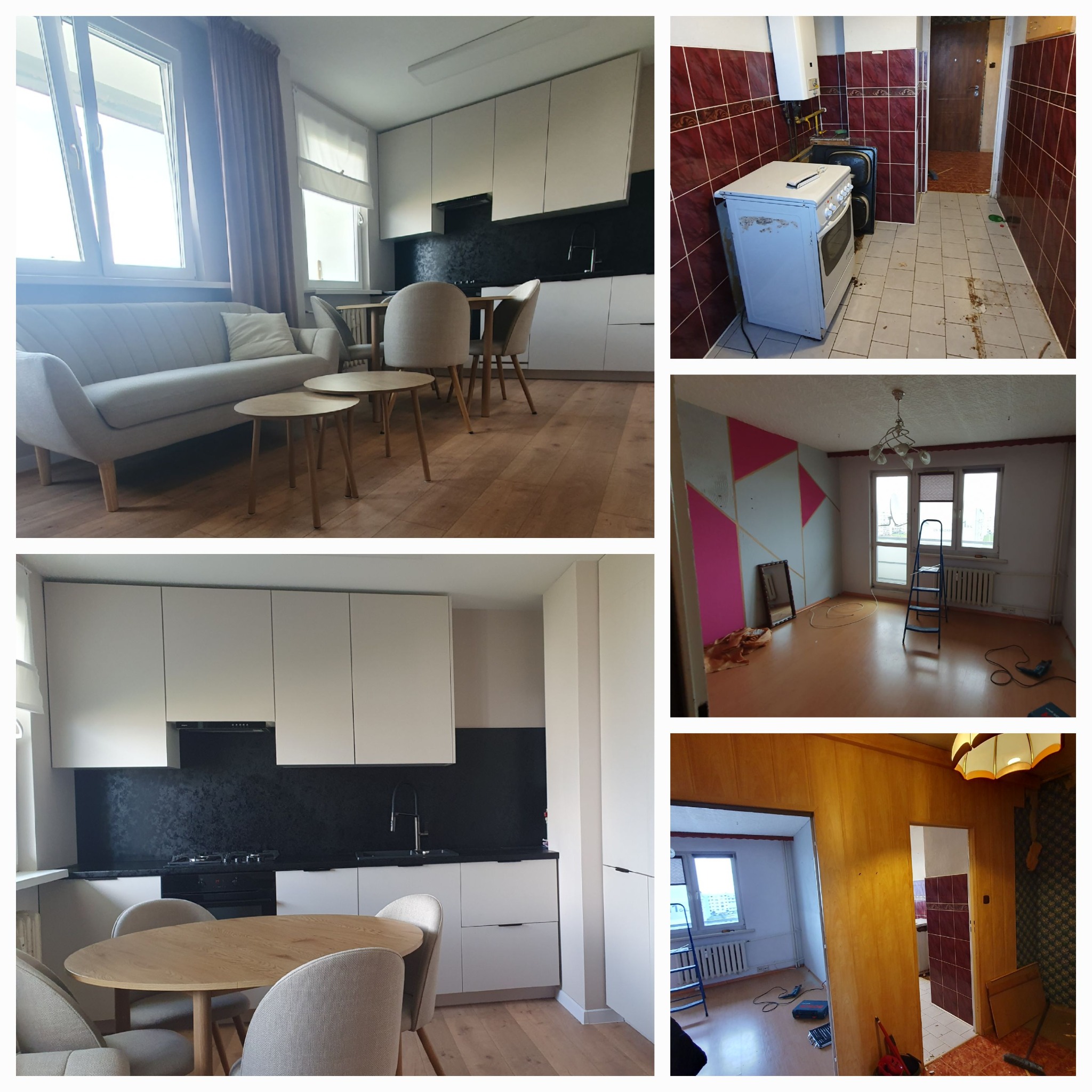 Kolaż zdjęć wnętrz przed i po remoncie: salon z sofą, kuchnia z białymi szafkami, łazienka z czerwonymi płytkami, pokój z drabiną.