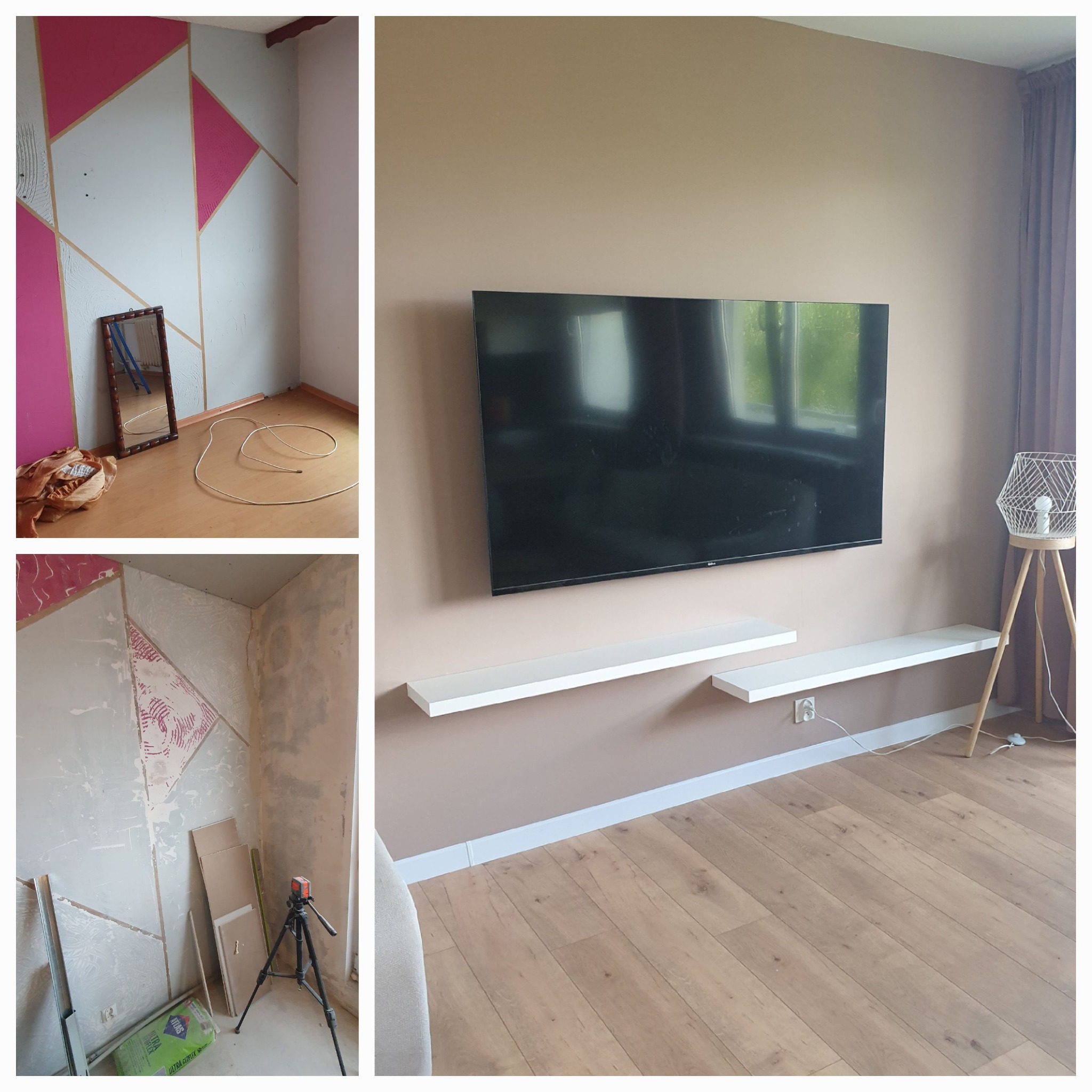 Kolaż: ściana w trakcie malowania w geometryczne wzory i efekt końcowy z zawieszonym telewizorem, półkami i lampą na trójnogu. Widoczny stan przed i po remoncie.