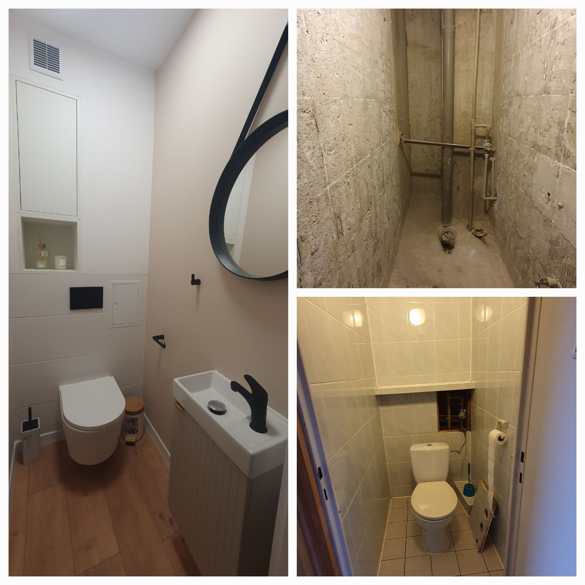 Kolaż: nowoczesna toaleta po remoncie z okrągłym lustrem, surowy stan przed remontem i standardowa toaleta przed modernizacją. Układ pionowy.