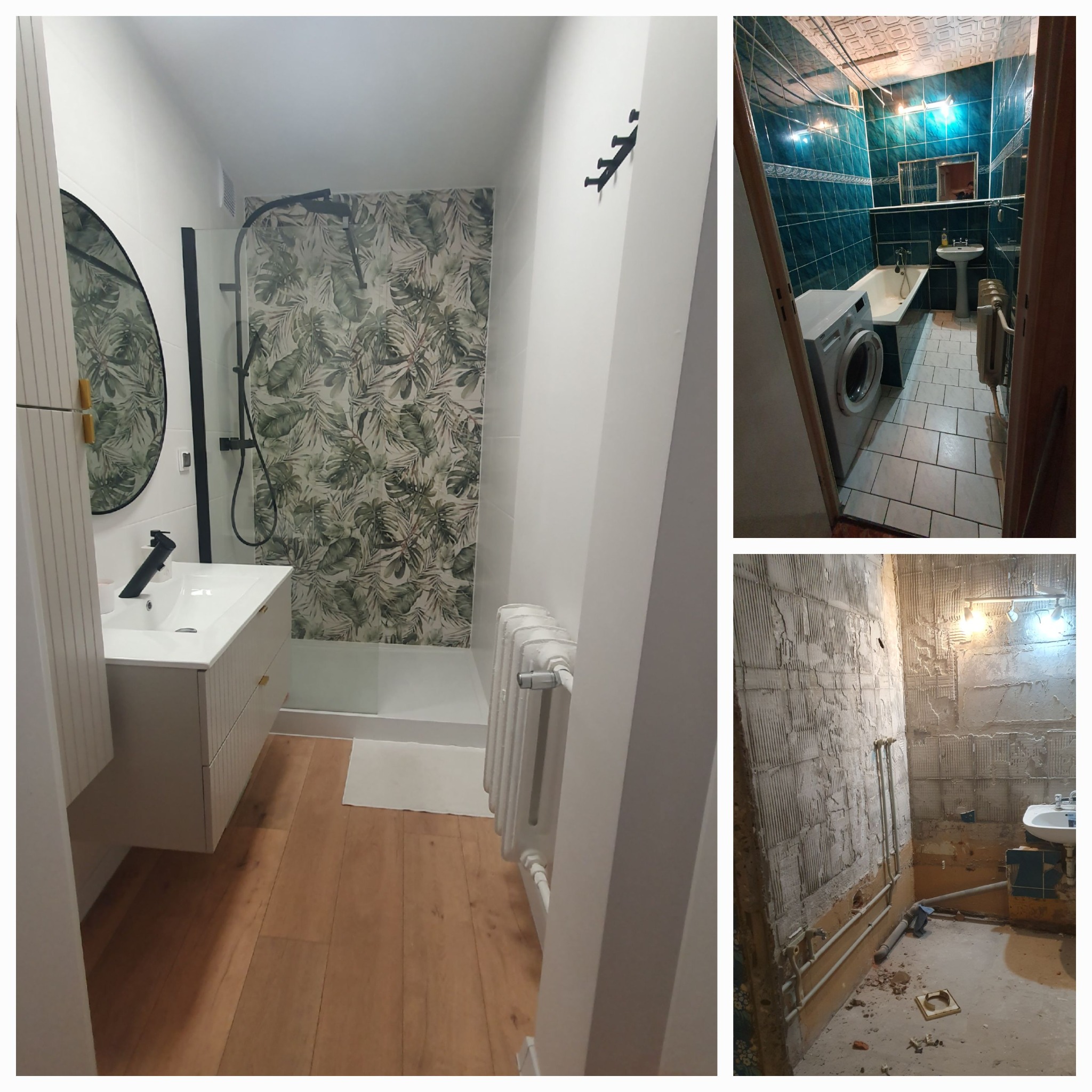 Remont łazienki: kolaż 'przed' i 'po' z nowoczesną kabiną prysznicową z czarną armaturą, umywalką na szafce i grzejnikiem na tle płytek z motywem roślinnym.
