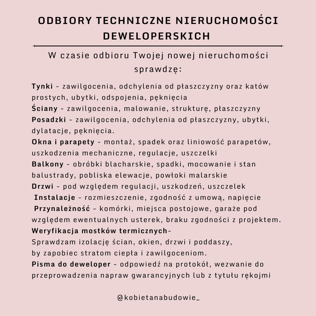 Tekst informacyjny o odbiorach technicznych nieruchomości deweloperskich, z listą elementów do sprawdzenia, takich jak tynki, ściany, posadzki i balkony.
