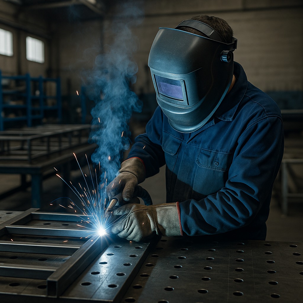 Pracownik w masce spawalniczej łączy elementy metalowe na perforowanym stole. Widoczne iskry i dym. W tle konstrukcja z profili.