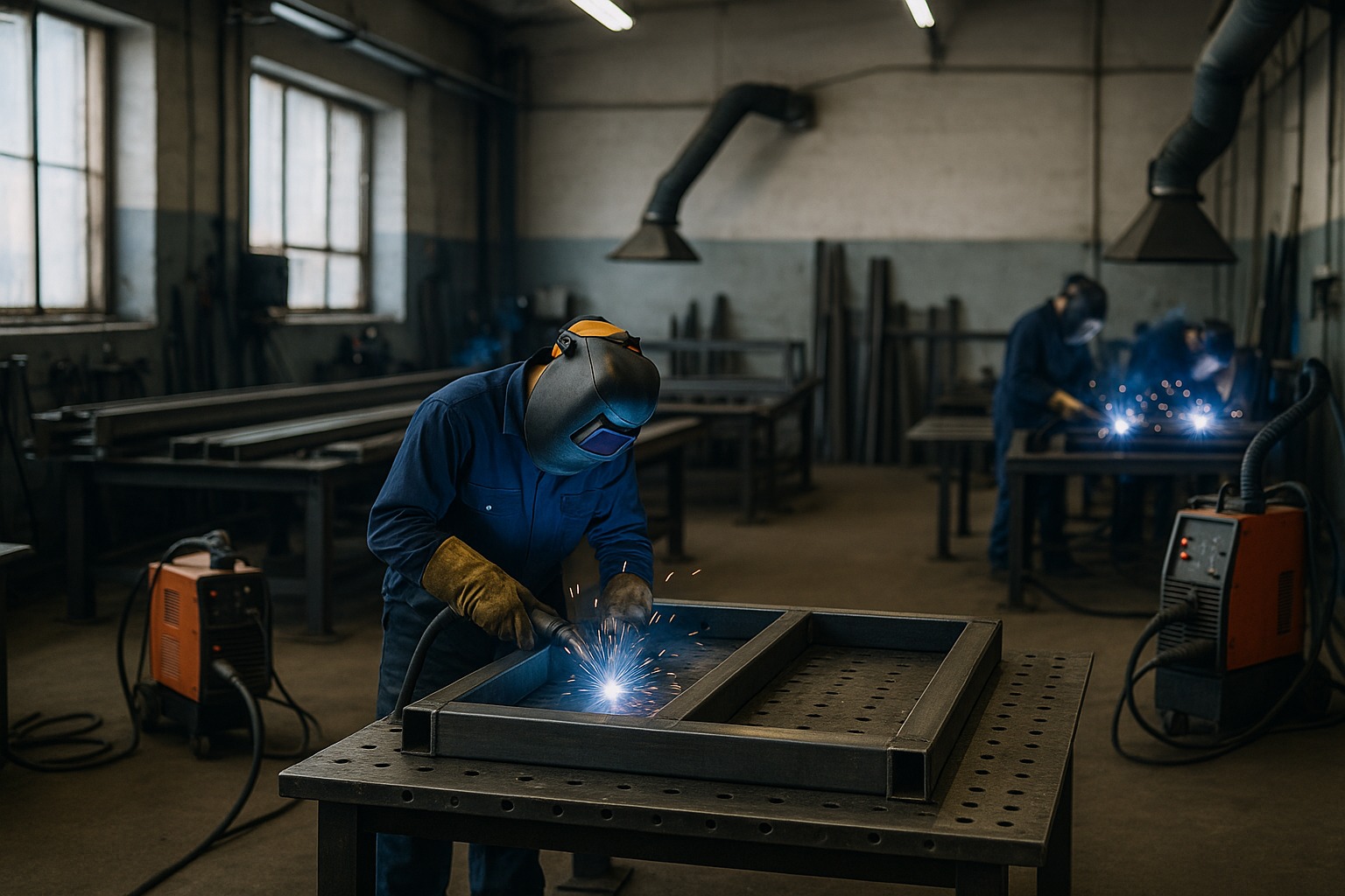 Pracownik w masce spawalniczej łączy elementy metalowe, tworząc ramę na perforowanym stole warsztatowym. W tle widoczny drugi spawacz i sprzęt w hali.