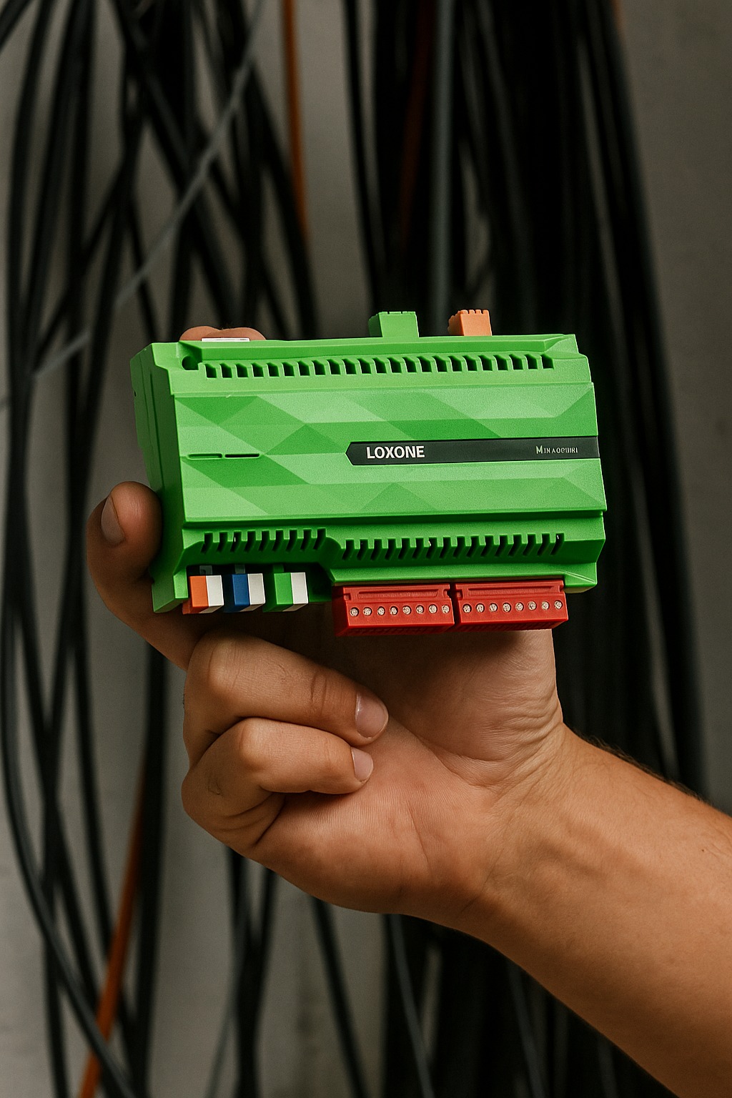 Dłoń trzyma zielony moduł Loxone z czerwonymi i pomarańczowymi złączami na tle kabli. Kontroler inteligentnego domu, automatyka budynku.