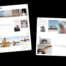 AK Web & Design Anastasiia Kupriianets - Strona portfolio fotografa z układem siatki, prezentująca duże zdjęcia i nowoczesną typografię, podkreślającą styl projektów. Prezentacja na dwóch stronach.