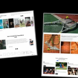 Dwa ekrany laptopów prezentują responsywną stronę sportowej platformy Goports. Nowoczesny design z sekcjami: oferta, opinie, blog i kontakt, wykonana w Next.js.