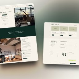 AK Web & Design Anastasiia Kupriianets - Dwa ekrany urządzeń prezentują stronę internetową studia pilates i mobility Spiro. Widok strony głównej i podstrony z ofertą zajęć. Minimalistyczny design, stonowana kolorystyka.