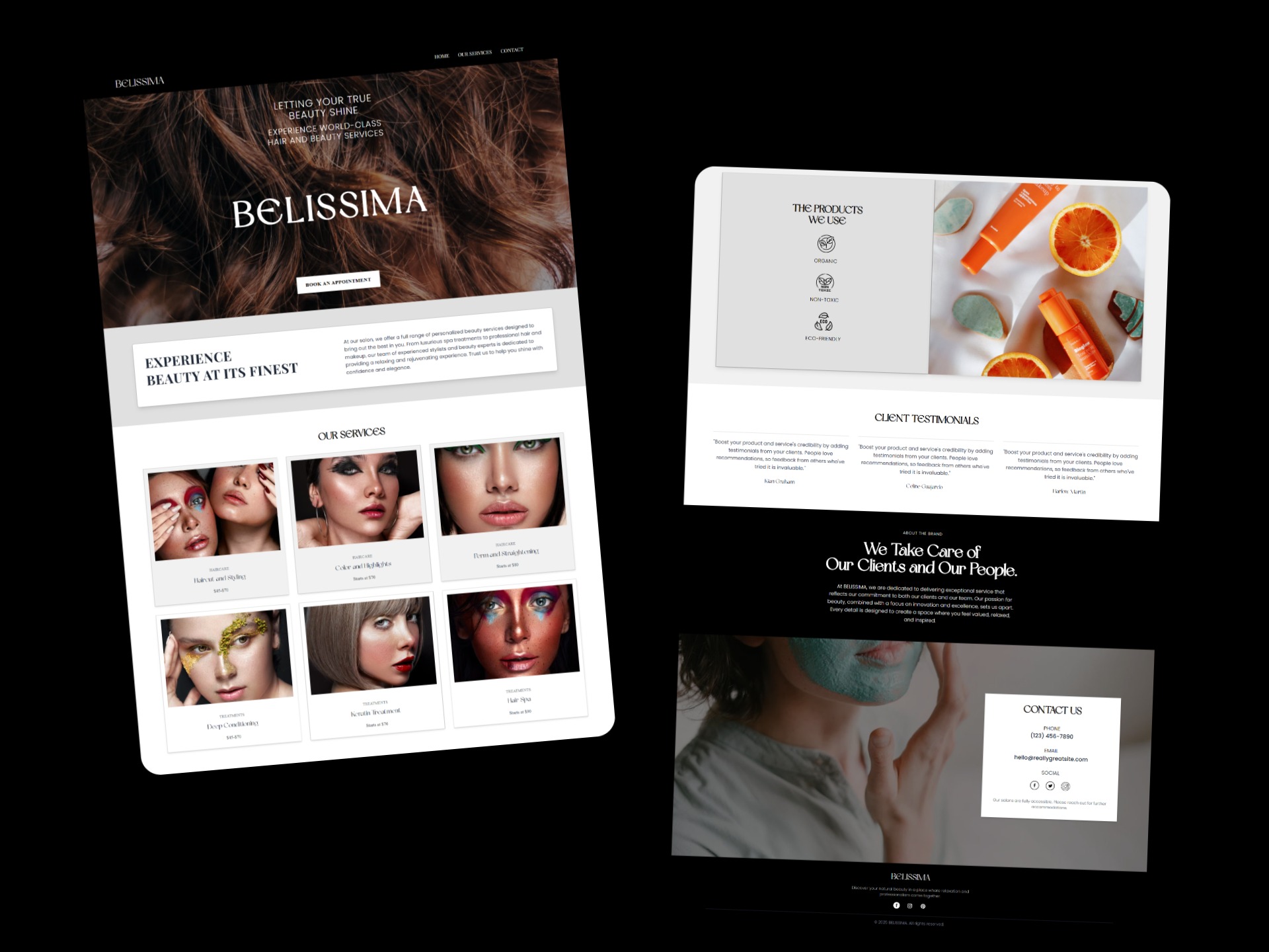 Responsywna strona salonu kosmetycznego Belissima. Galeria usług, opinie klientów i formularz rezerwacji. Estetyka premium, przejrzystość, UX i mobilność.