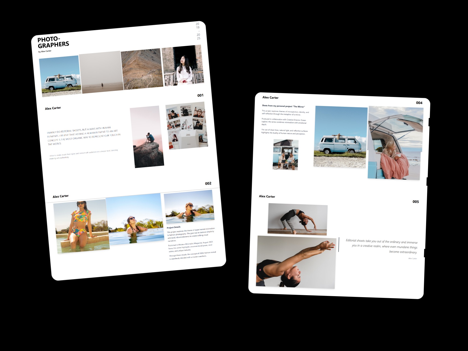 Strona portfolio fotografa z układem siatki, prezentująca duże zdjęcia i nowoczesną typografię, podkreślającą styl projektów. Prezentacja na dwóch stronach.