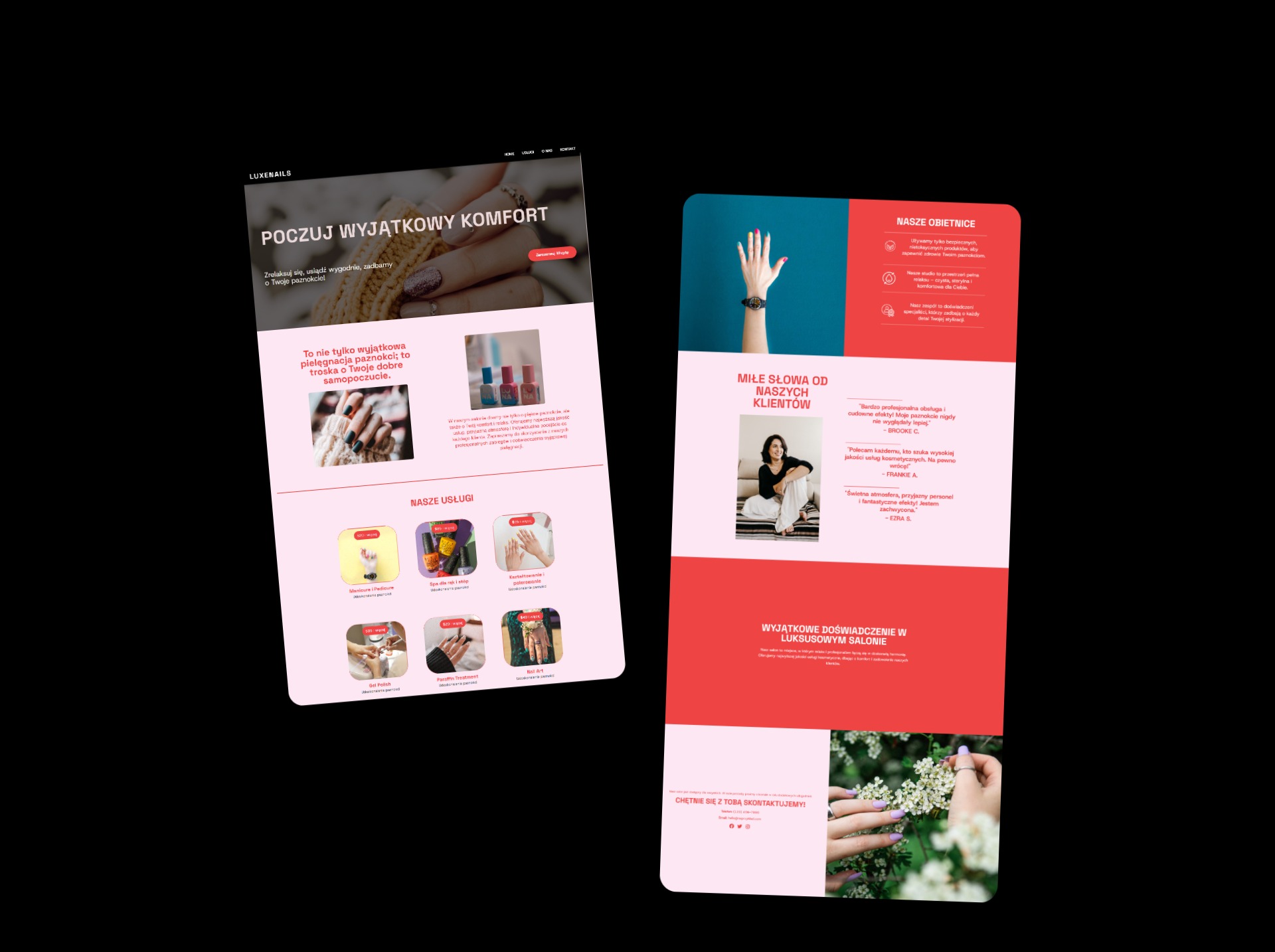 Dwa ekrany laptopów z otwartą stroną internetową salonu stylizacji paznokci. Kobiecy design, sekcja usług, opinie i kontakt. Projekt skupiony na komforcie i estetyce.