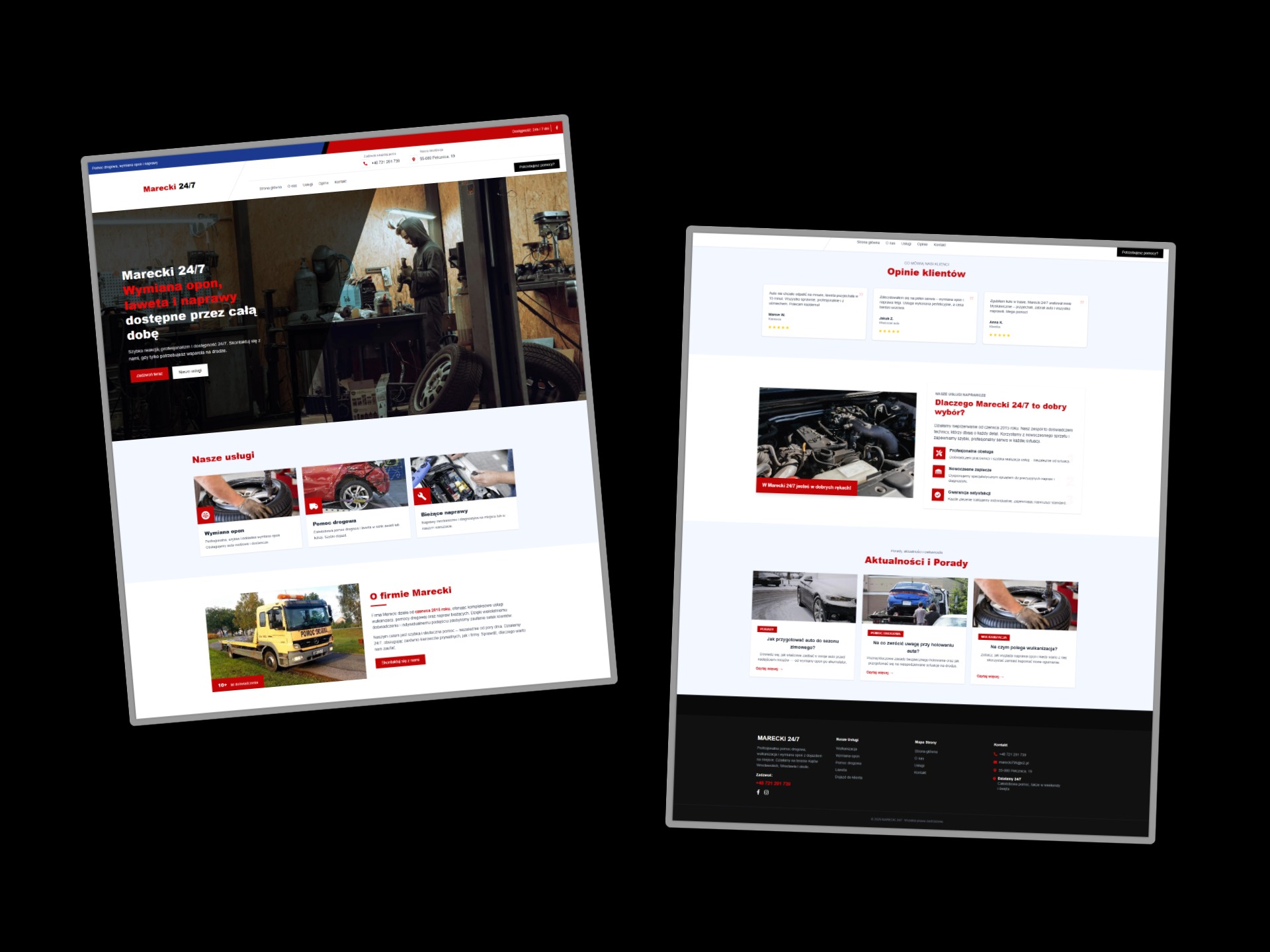 Dwie strony responsywnej witryny Marecki 24/7 dla firmy motoryzacyjnej, zbudowanej w Next.js i Tailwind CSS, prezentujące ofertę, opinie, blog i formularz kontaktowy.