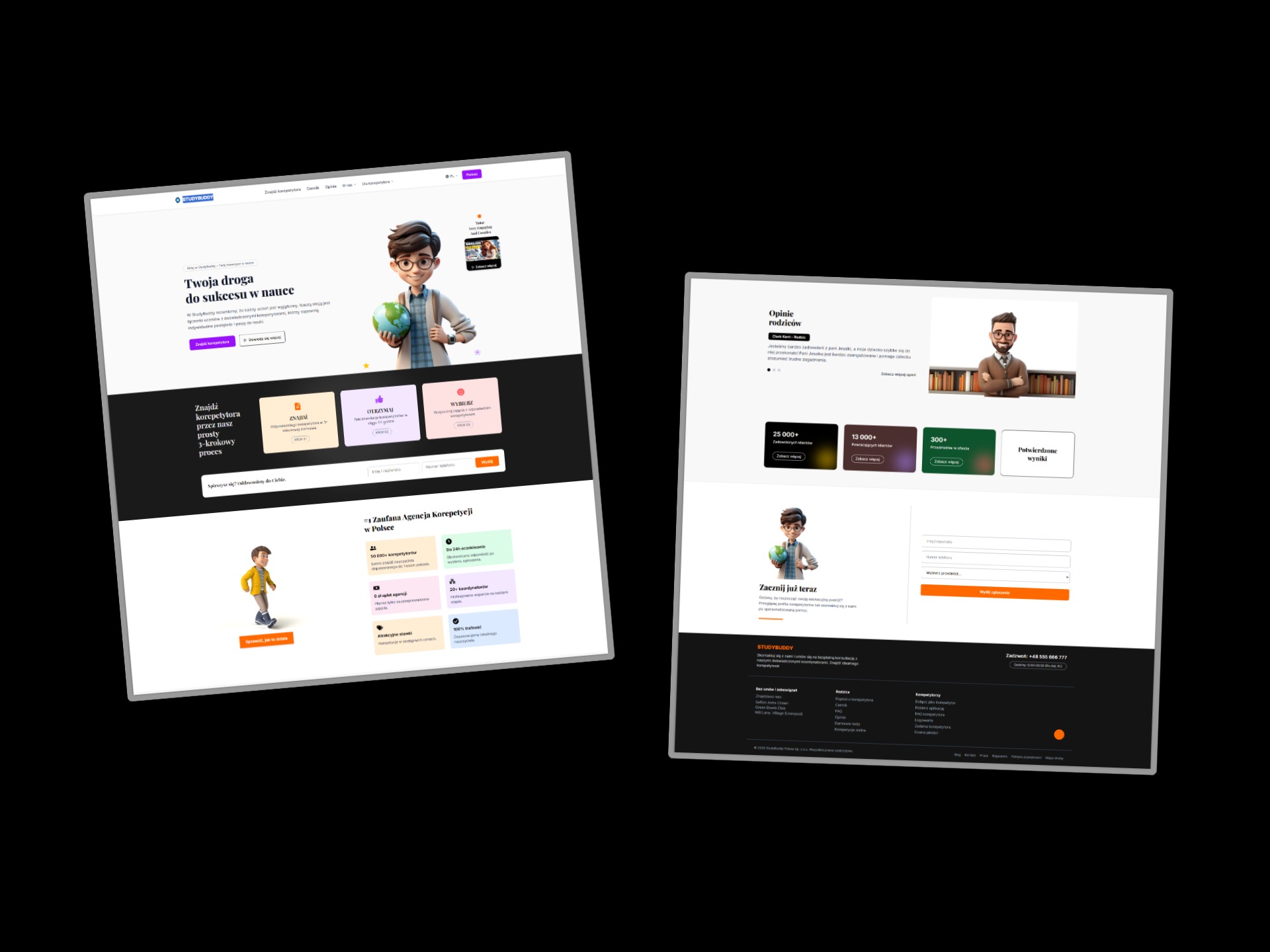 Dwa ekrany laptopów prezentują stronę edukacyjną z systemem wyszukiwania korepetytorów. Nowoczesny, responsywny projekt Next.js + Tailwind CSS.