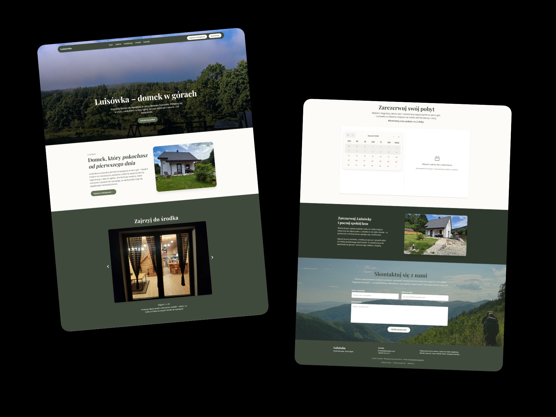 Projekt strony internetowej domku w górach 'Luisówka' z dużymi zdjęciami, kalendarzem rezerwacji i formularzem kontaktowym. Naturalna kolorystyka, responsywny design.