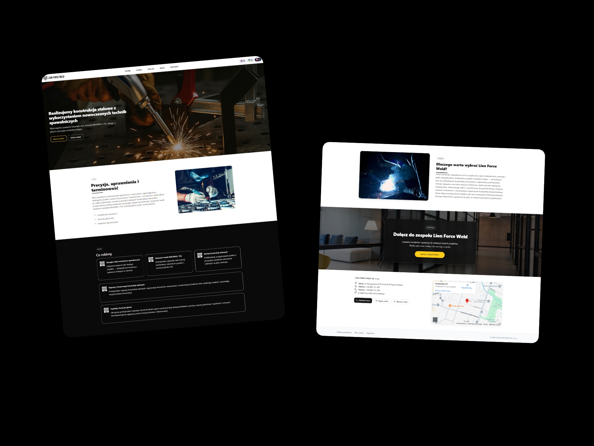 Strona internetowa firmy spawalniczej Lion Force Weld. Profesjonalny design, oferta, realizacje, przewagi techniczne. Czytelny układ, dopasowanie do branży B2B.
