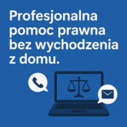 Grafika: Profesjonalna pomoc prawna online. Laptop z wagą sprawiedliwości na ekranie, ikony telefonu i wiadomości. Pomoc prawna bez wychodzenia z domu.