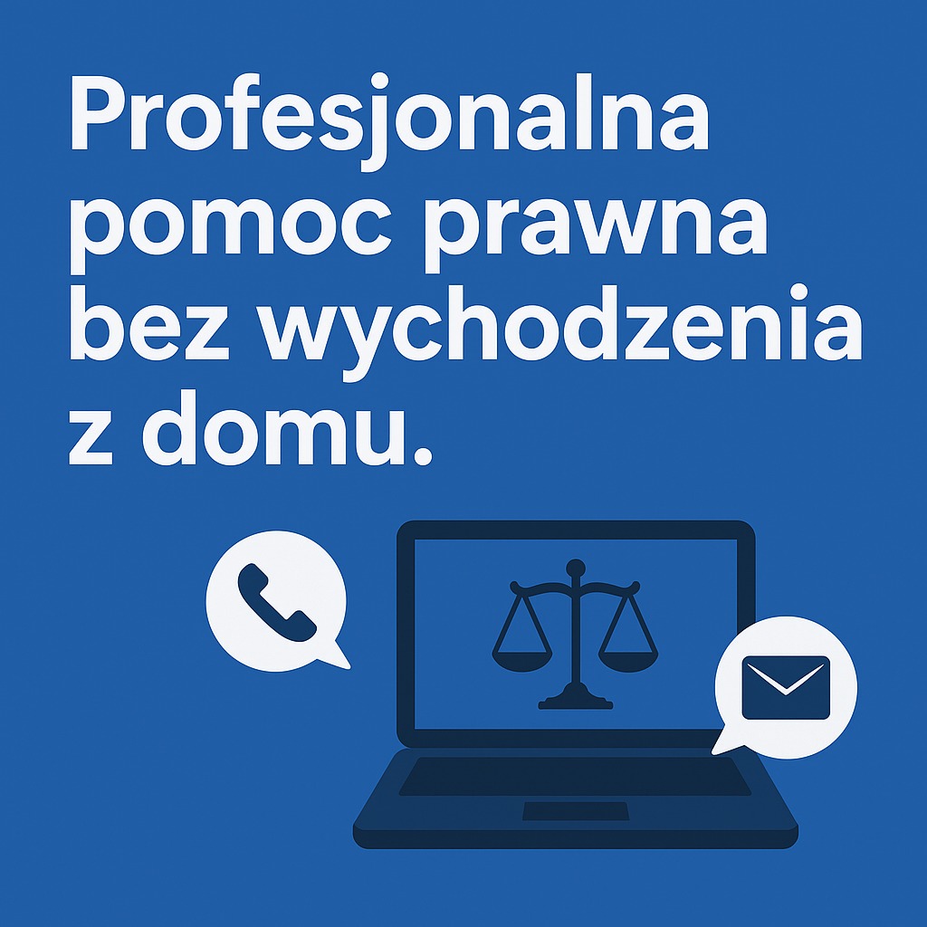 Grafika: Profesjonalna pomoc prawna online. Laptop z wagą sprawiedliwości na ekranie, ikony telefonu i wiadomości. Pomoc prawna bez wychodzenia z domu.