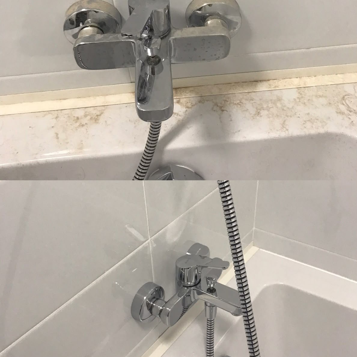 Kran wannowy przed i po czyszczeniu, widoczne osady i kamień usunięte, błyszcząca powierzchnia. Porównanie efektu sprzątania, czystość armatury.